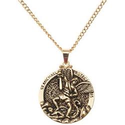 Dicksons Saint Michael Protect Us Engraved Pendant 24 Inch Round Gold Oxidized Pewter Neckace in Jewelry Box with Prayer Card
