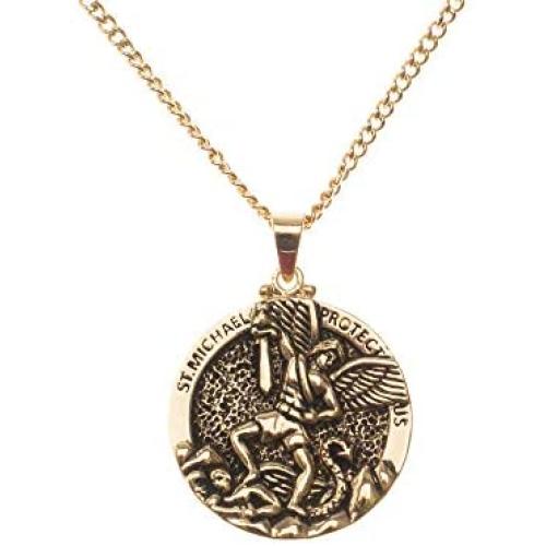 Dicksons Saint Michael Protect Us Engraved Pendant 24 Inch Round Gold Oxidized Pewter Neckace in Jewelry Box with Prayer Card