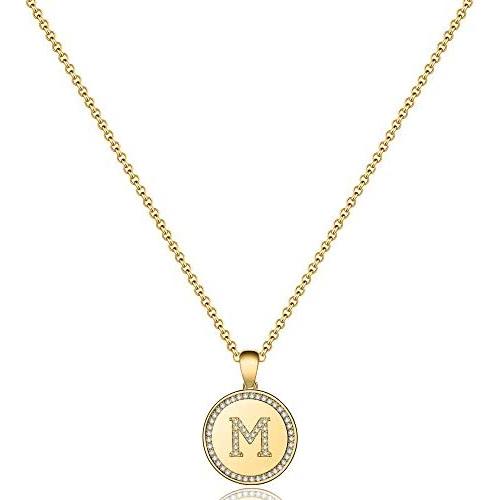 MONOZO Disc Initial Necklace for Women, 14k Gold Filled CZ Initial Letter Pendant Necklace Dainty Disc A-Z Alphabet Necklace Jewelry Gifts for Women Teen Girls