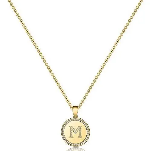 MONOZO Disc Initial Necklace for Women, 14k Gold Filled CZ Initial Letter Pendant Necklace Dainty Disc A-Z Alphabet Necklace Jewelry Gifts for Women Teen Girls