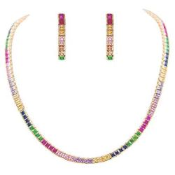 Lavencious Multi-Color Cubic Zirconia Princess Cut 4MM Tennis 16 Inch + 1 Inch Extended Length Necklace and Earrings 1.2 Inches for Women Bridal & Party Jewelry Set