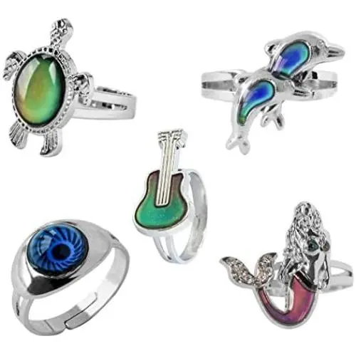 Acchen Mood Ring Dolphins Mermaid Turtle Guitar Eyes Change Color Decorations 5pcs Acchen Mood Ring Dolphins Mermaid Turtle Guitar Eyes Change Color Decorations 5pcs
