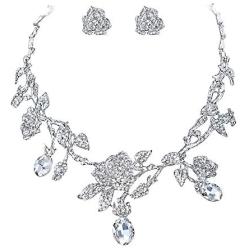 EVER FAITH Rhinestone Crystal Gorgeous Red Rose Flower Green Leaf Necklace Earrings Set