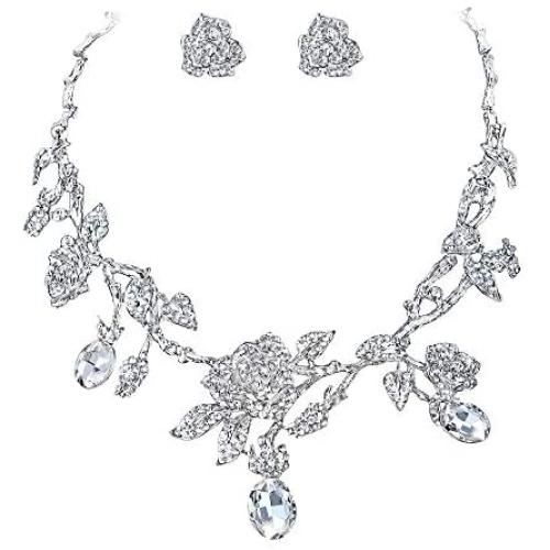 EVER FAITH Rhinestone Crystal Gorgeous Red Rose Flower Green Leaf Necklace Earrings Set