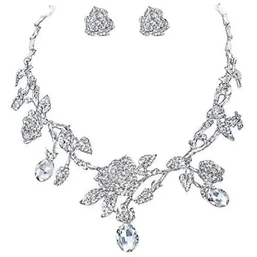 EVER FAITH Rhinestone Crystal Gorgeous Red Rose Flower Green Leaf Necklace Earrings Set EVER FAITH Rhinestone Crystal Gorgeous Red Rose Flower Green Leaf Necklace Earrings Set