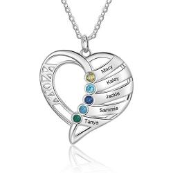 Personalized Mothers Name Heart Necklace with 1-5 Simulated Birthstones Jewelry for Women Mother’s Necklace with 1-5 Children Names