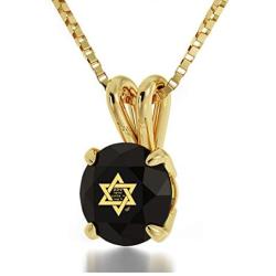 14k Yellow Gold Star of David Necklace Inscribed with Shema Yisrael in 24k Gold on Crystal, 18'' Gold Filled Chain - NanoStyle Jewelry