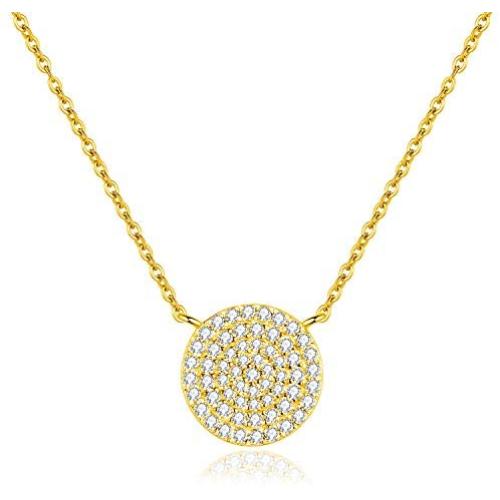 Spoil Cupid 14K Gold Plated 925 Sterling Silver Cubic Zirconia Disc Necklace With Circle Pendant 12mm Diameter, 18 Inch