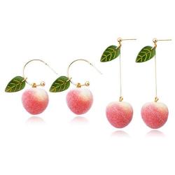 D.Rosse 2 Pairs Unique Creative Super Lightweight Lifelike Pink Peach With Leaf Dangle Drop Earrings Sets for Women Girls Teens Charm Cute Fruit Hoop Earrings Jewelry Gifts