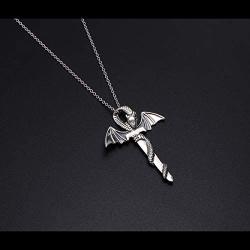 S925 Sterling Silver Punk Oxidized Vintage Dragon Wing Sword Pendant Necklace