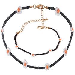 N/Q Bohemian Adjustable Flower Seed Beads Chain Choker Necklace for Women Girls Boho Colorful Tiny Beaded Bracelet Fashion Jewelry Set