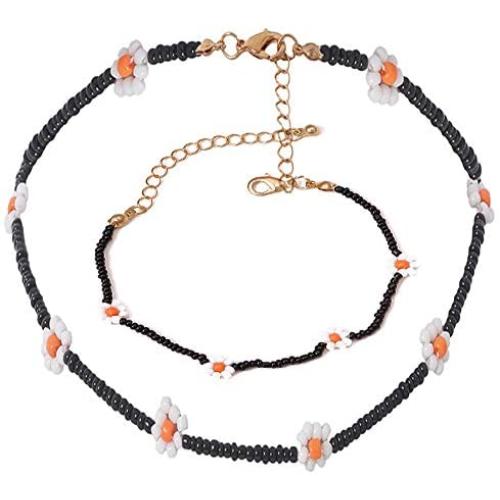 N/Q Bohemian Adjustable Flower Seed Beads Chain Choker Necklace for Women Girls Boho Colorful Tiny Beaded Bracelet Fashion Jewelry Set