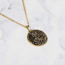 Dicksons Saint Michael Protect Us Engraved Pendant 24 Inch Round Gold Oxidized Pewter Neckace in Jewelry Box with Prayer Card