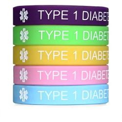 JF.JEWELRY Type 1 Diabetes Medical Alert ID Silicone Bangle Bracelet for Kids 7.5 inches Pack of 5