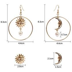 Sun Moon Asymmetric Imitation Pearl Earrings, Gold Annulus Pendant Earrings Drop Earrings