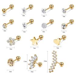 YADOCA 14 Pairs Stainless Steel Ear Cartilage Piercing Earrings Helix Tragus Barbell for Women Men Moon Star Heart Flower CZ Stackable Cartilage Earrings Set Silver-tone Rose Gold-tone Rose Gold-tone