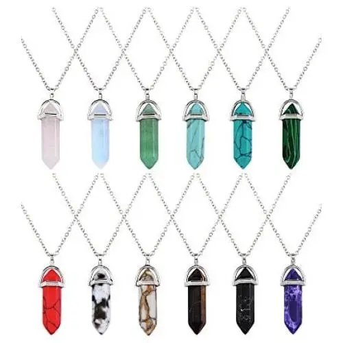 12 Pieces Hexagonal Chakra Crystal Bullet Shape Gemstone Pendant Necklaces Pointed Quartz Stone Chain Necklaces Artificial Stone with Storage Bag 12 Pieces Hexagonal Chakra Crystal Bullet Shape Gemstone Pendant Necklaces Pointed Quartz Stone Chain Necklaces Artificial Stone with Storage Bag