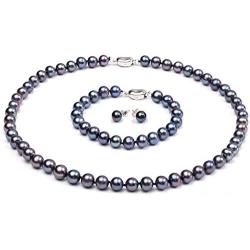 JYX Pearl Necklace Bracelet Set AAA Elegant 8-9mm Round Black Freshwater Cultured Pearl Necklace Bracelet Set for Women