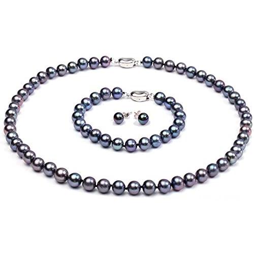 JYX Pearl Necklace Bracelet Set AAA Elegant 8-9mm Round Black Freshwater Cultured Pearl Necklace Bracelet Set for Women