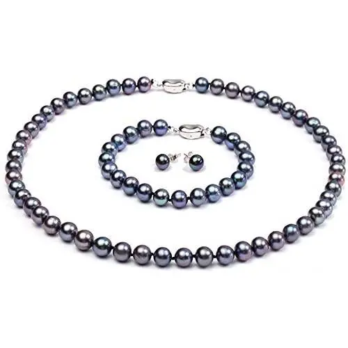 JYX Pearl Necklace Bracelet Set AAA Elegant 8-9mm Round Black Freshwater Cultured Pearl Necklace Bracelet Set for Women JYX Pearl Necklace Bracelet Set AAA Elegant 8-9mm Round Black Freshwater Cultured Pearl Necklace Bracelet Set for Women