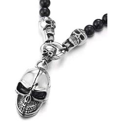 COOLSTEELANDBEYOND Gothic Style, Mens Women Black Onyx Beads Chain Necklace and Stainless Steel Vintage Skulls Pendant