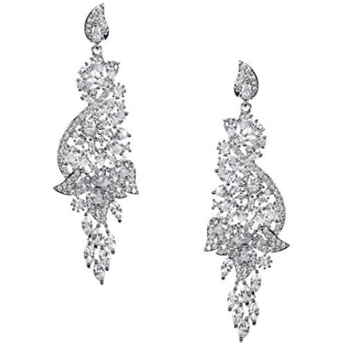Samky Jewelry Dangle Leaf Design marquise Pear Teardrop CZ Crystal Earrings with Gift Box