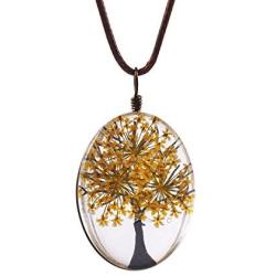 FM FM42 Life of Tree Multi Colors Queen Annes Lace Dried Flowers Oval Pendant Necklace (4 Colors)