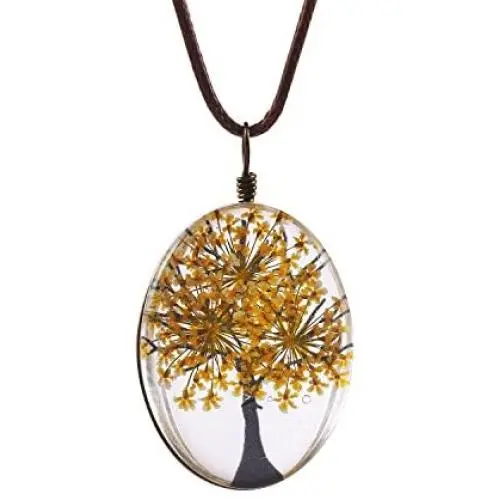 FM FM42 Life of Tree Multi Colors Queen Annes Lace Dried Flowers Oval Pendant Necklace (4 Colors)
