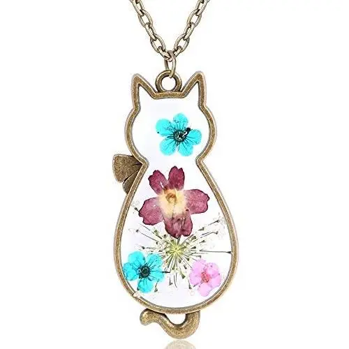 Jude Jewelers Retro Vintage Cat Shape Dry Flower Charm Pendant Necklace Jude Jewelers Retro Vintage Cat Shape Dry Flower Charm Pendant Necklace