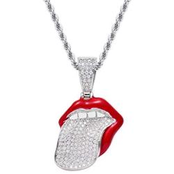 Moca Jewelry Iced Out Red Lips Big Tongue Pendant Necklace 18K Gold Plated Bling CZ Simulated Diamond Hip Hop Rapper Chain Necklace for Men Women