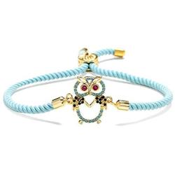Trendy Blue Handmade Life Tree Rope String Bracelet Gold Cute Lovely Owl Charm Bracelet Turquoise Inlay Jewelry Female