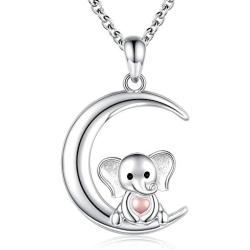 Sterling Silver Lucky Elephant Necklace S925 Cute Baby Animals Pendant Moon Jewelry Gifts for Girls Daughter Teen