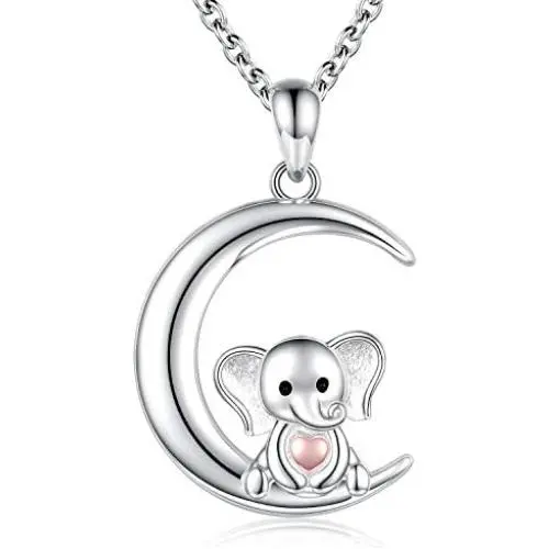 Sterling Silver Lucky Elephant Necklace S925 Cute Baby Animals Pendant Moon Jewelry Gifts for Girls Daughter Teen Sterling Silver Lucky Elephant Necklace S925 Cute Baby Animals Pendant Moon Jewelry Gifts for Girls Daughter Teen