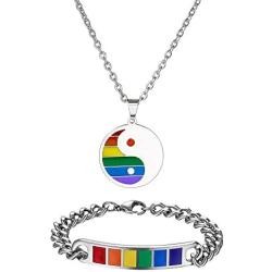 Jakob Miller Rainbow Necklace and Bracelet Set Stainless Steel Dog Tag Pendant Necklace and Handmade Magnet LGBT Pride Leather Bracelet for Unisex