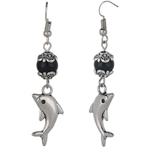 Efulgenz Oxidized Silver Drop Boho Vintage Retro Ethnic Gypsy Dangle Earrings with Dangling Fish Charm Love Gift