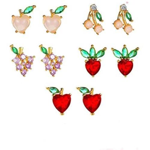 5 Pairs Tropical Fruit Crystal Earrings Set Cute Rhinestone Cherry Grape Personality Statement Earrings for Holiday Party Girls Women Summer Jewelry Gifts