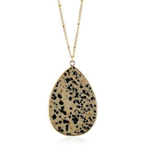 RIAH FASHION Bohemian Natural Stone Pendant Long Necklace - Boho Charm Layering Statement Chain Teardrop, Oval Raw Stone Druzy, Marble Quartz