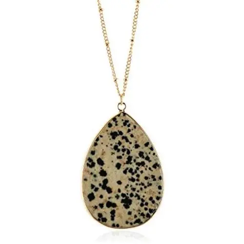 RIAH FASHION Bohemian Natural Stone Pendant Long Necklace - Boho Charm Layering Statement Chain Teardrop, Oval Raw Stone Druzy, Marble Quartz