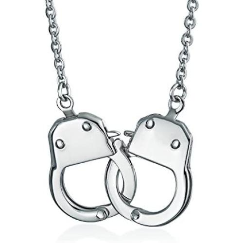 Biker Jewelry Handcuff Statement Necklace Working Lock Partners in Crime Stainless Steel Pendant for Women for Men 22 Inch