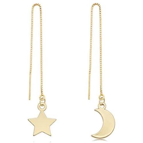 TUSHUO Simple Dangle Style Moon Star Earrings Irregular Moon Star Line Threader Drop Earrings (Gold)