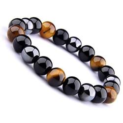 Rustenhof Tiger Eye & Hematite & Black Obsidian 10mm Beaded Triple Protection Bracelet Healing Rope Man Stone