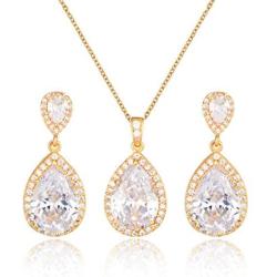 Mycitta Bridal Jewelry Set for Wedding - 18k Plated Teardrop CZ Crystal Cubic Zirconia Rhinestone Necklace Earrings Set for Bride Bridesmaids Mother of Bride Party Prom Birthstone Costume Jewelry