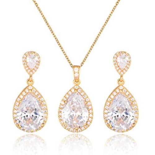 Mycitta Bridal Jewelry Set for Wedding - 18k Plated Teardrop CZ Crystal Cubic Zirconia Rhinestone Necklace Earrings Set for Bride Bridesmaids Mother of Bride Party Prom Birthstone Costume Jewelry
