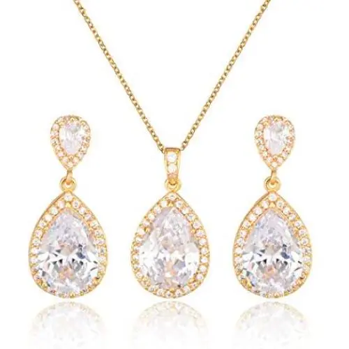 Mycitta Bridal Jewelry Set for Wedding - 18k Plated Teardrop CZ Crystal Cubic Zirconia Rhinestone Necklace Earrings Set for Bride Bridesmaids Mother of Bride Party Prom Birthstone Costume Jewelry
