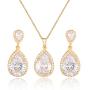 Mycitta Bridal Jewelry Set for Wedding - 18k Plated Teardrop CZ Crystal Cubic Zirconia Rhinestone Necklace Earrings Set for Bride Bridesmaids Mother of Bride Party Prom Birthstone Costume Jewelry