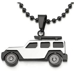 COOLSTEELANDBEYOND Mens Stainless Steel Silver Black SUV Car Pendant Necklace with CZ, 23.6 in Ball Chain