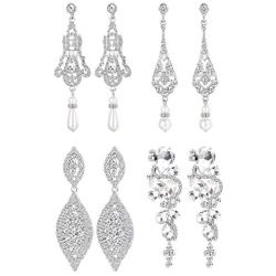 FIBO STEEL 4 Pairs CZ Dangle Wedding Earrings for Women Crystal Pearl Wedding Bridal Multiple Teardrop Long Ear Jewelry