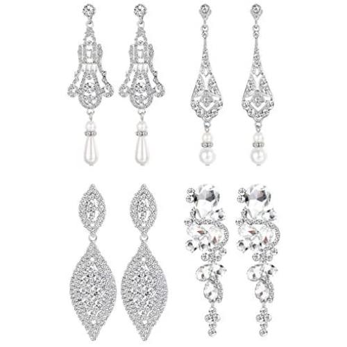 FIBO STEEL 4 Pairs CZ Dangle Wedding Earrings for Women Crystal Pearl Wedding Bridal Multiple Teardrop Long Ear Jewelry