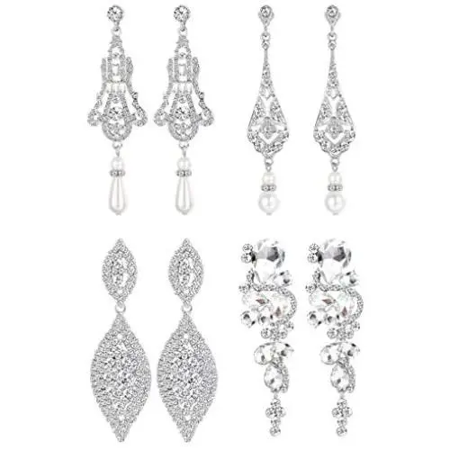 FIBO STEEL 4 Pairs CZ Dangle Wedding Earrings for Women Crystal Pearl Wedding Bridal Multiple Teardrop Long Ear Jewelry