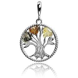 Multicolor Amber Sterling Silver Lucky Tree Pendant Necklace Chain 18''